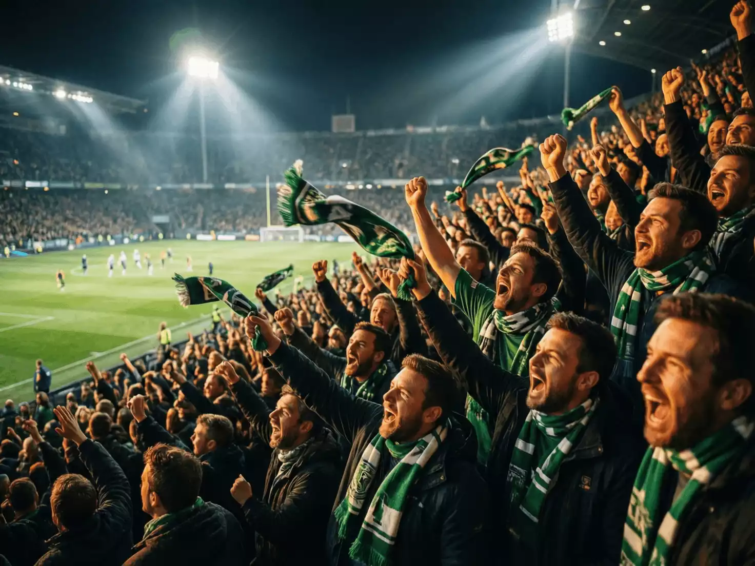 Aficionados animando en las gradas de un estadio de fútbol durante un partido nocturno
