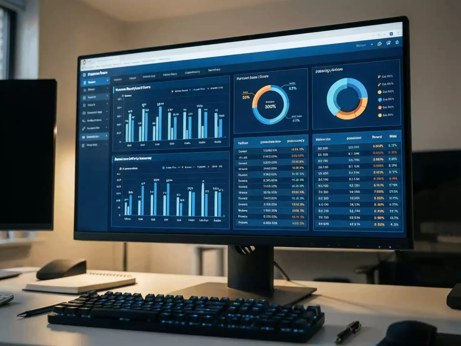 Pantalla de ordenador mostrando estadísticas detalladas de fútbol con gráficos