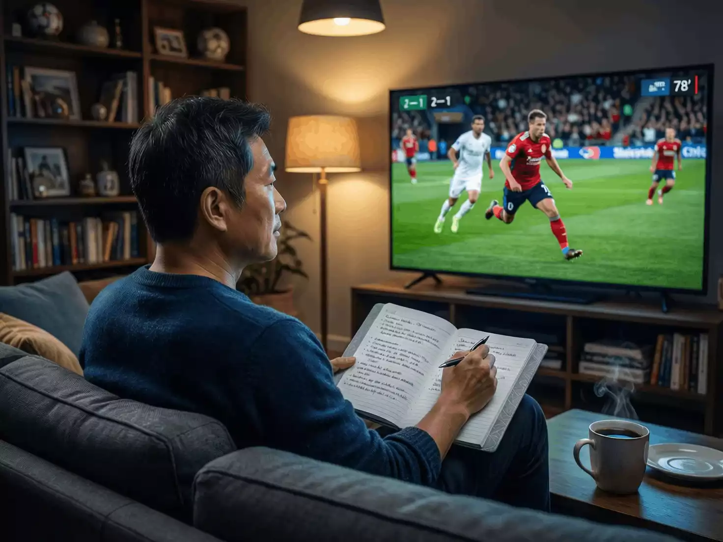 Persona viendo un partido de fútbol en televisión mientras toma notas