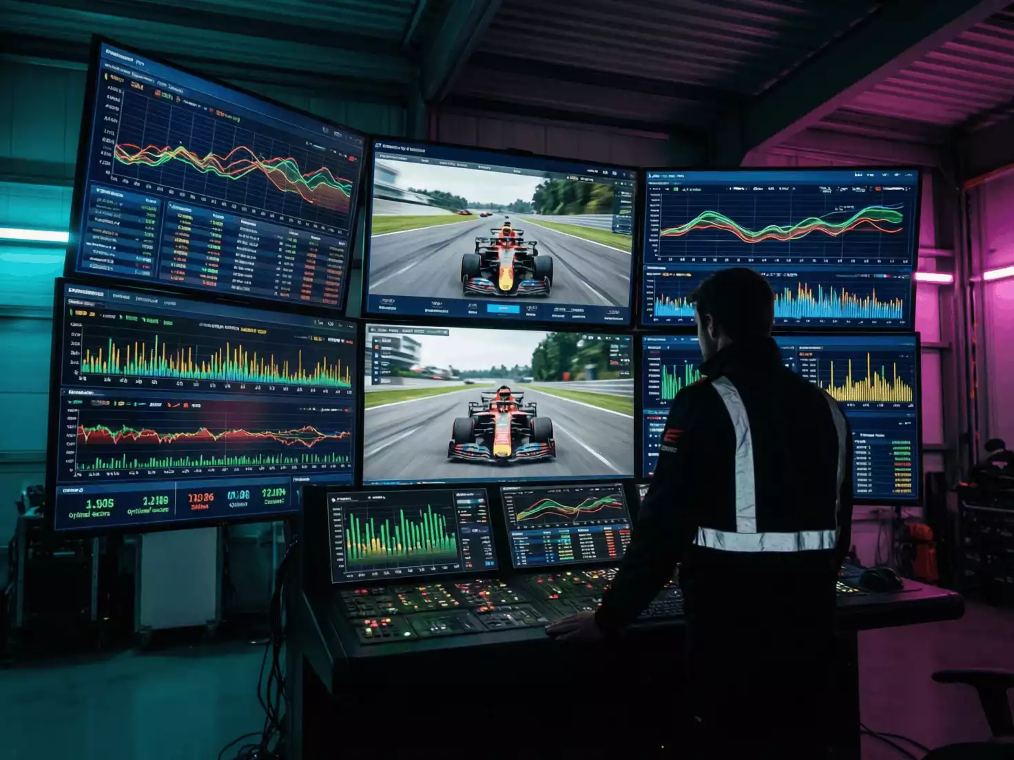 Pantallas mostrando datos de telemetría y tiempos de vuelta de Fórmula 1