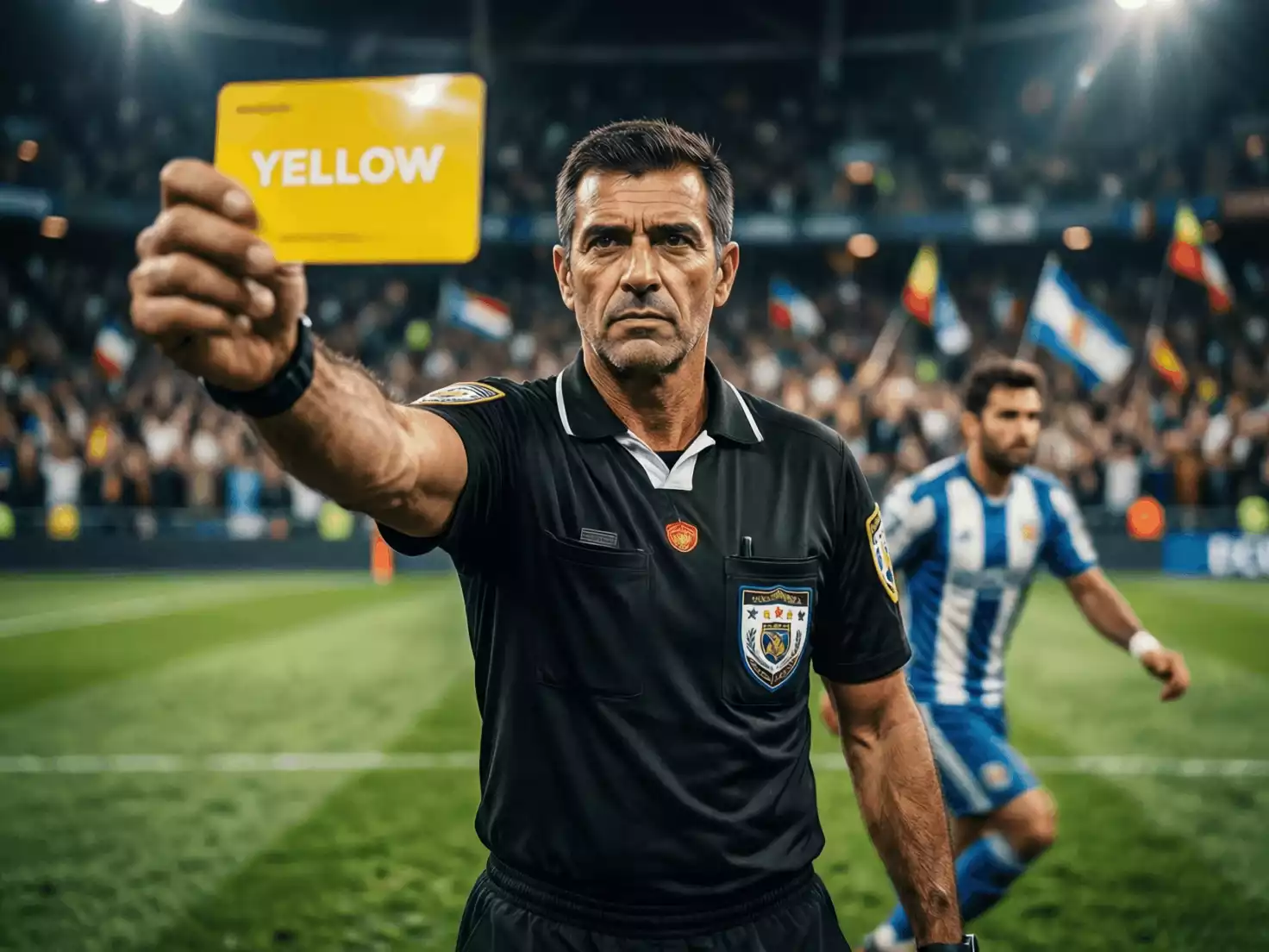 Árbitro de fútbol mostrando una tarjeta amarilla a un jugador