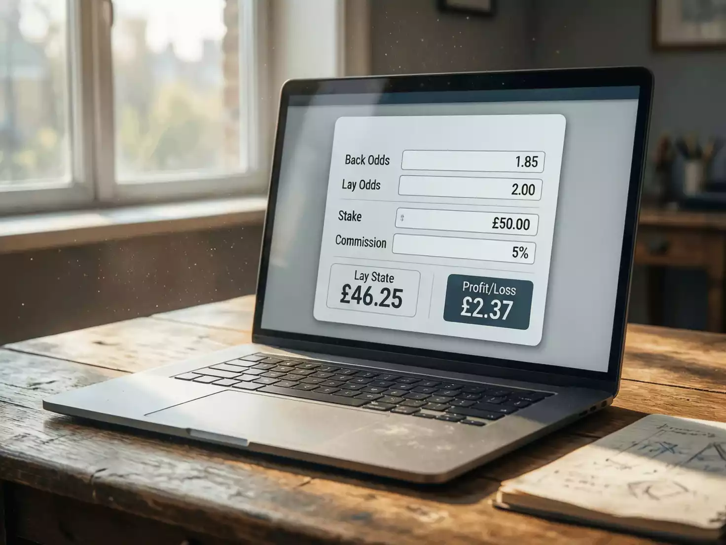 Calculadora de matched betting en pantalla mostrando stakes y beneficios