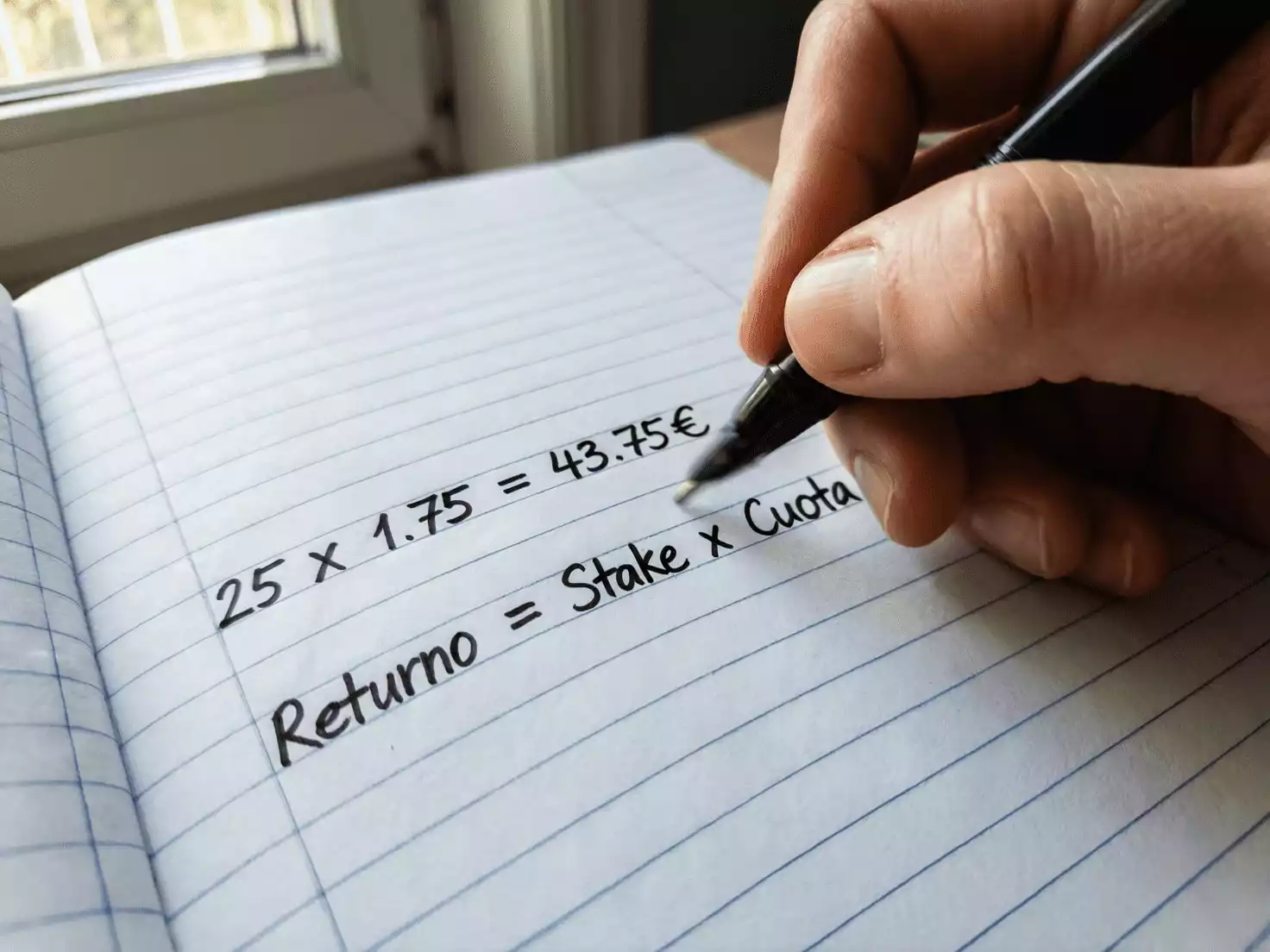 Mano escribiendo una fórmula matemática de apuestas en una libreta