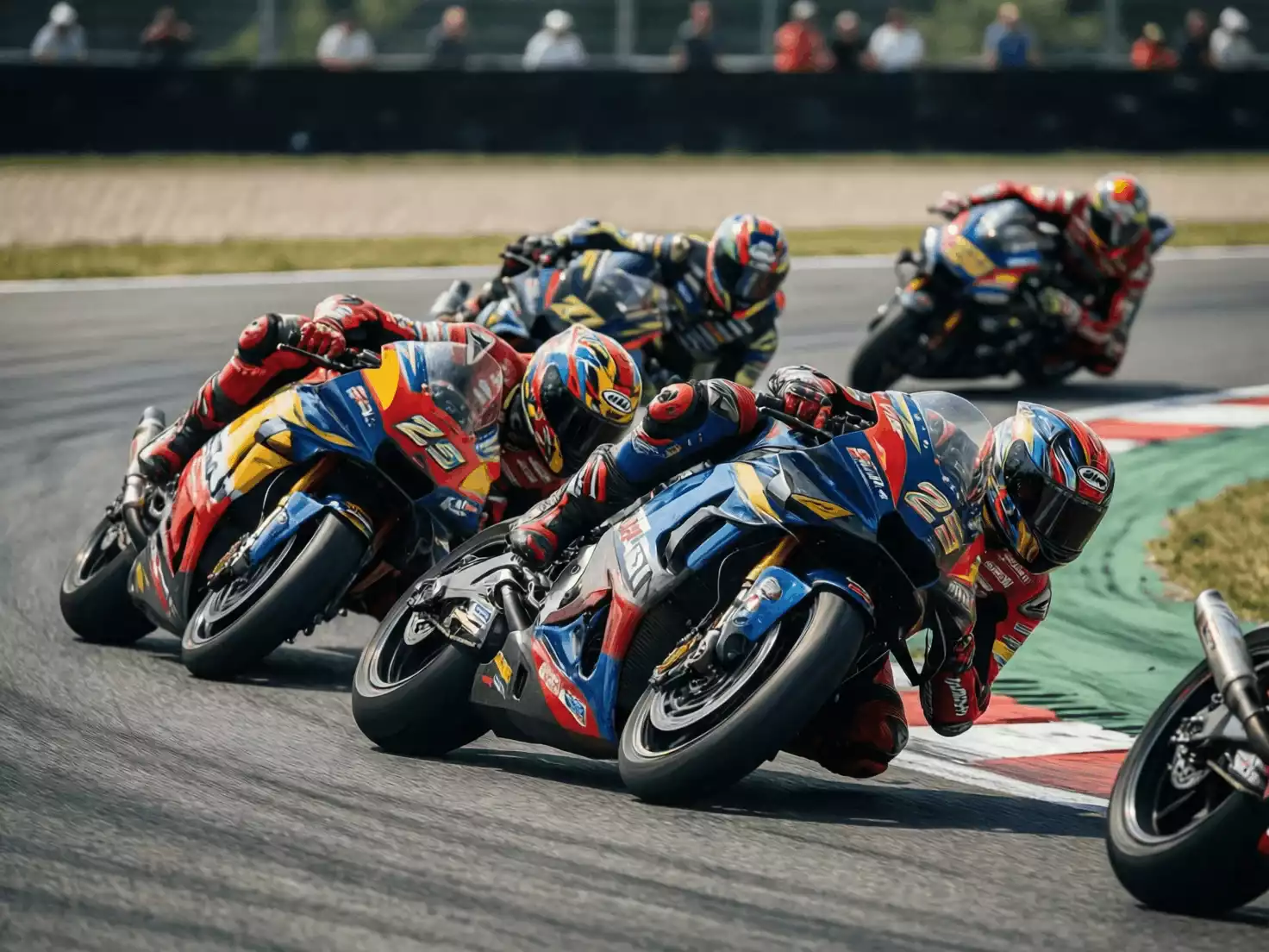 Pilotos de MotoGP inclinados en una curva durante una carrera