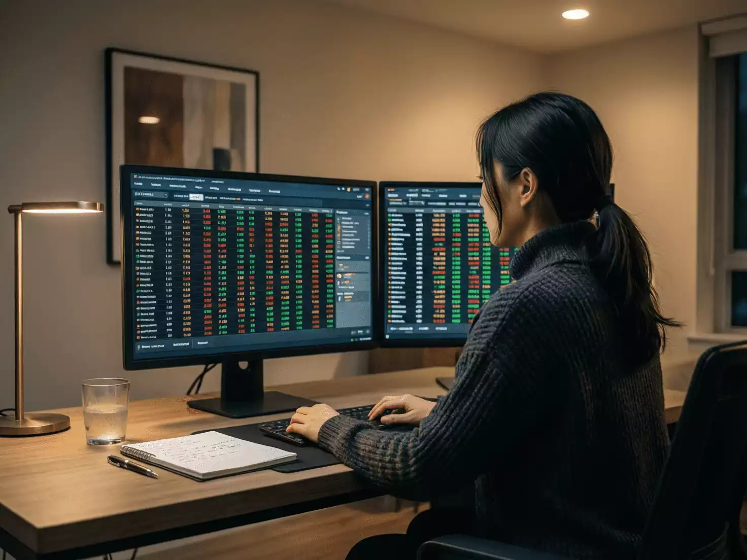 Persona comparando cuotas en múltiples pantallas de ordenador