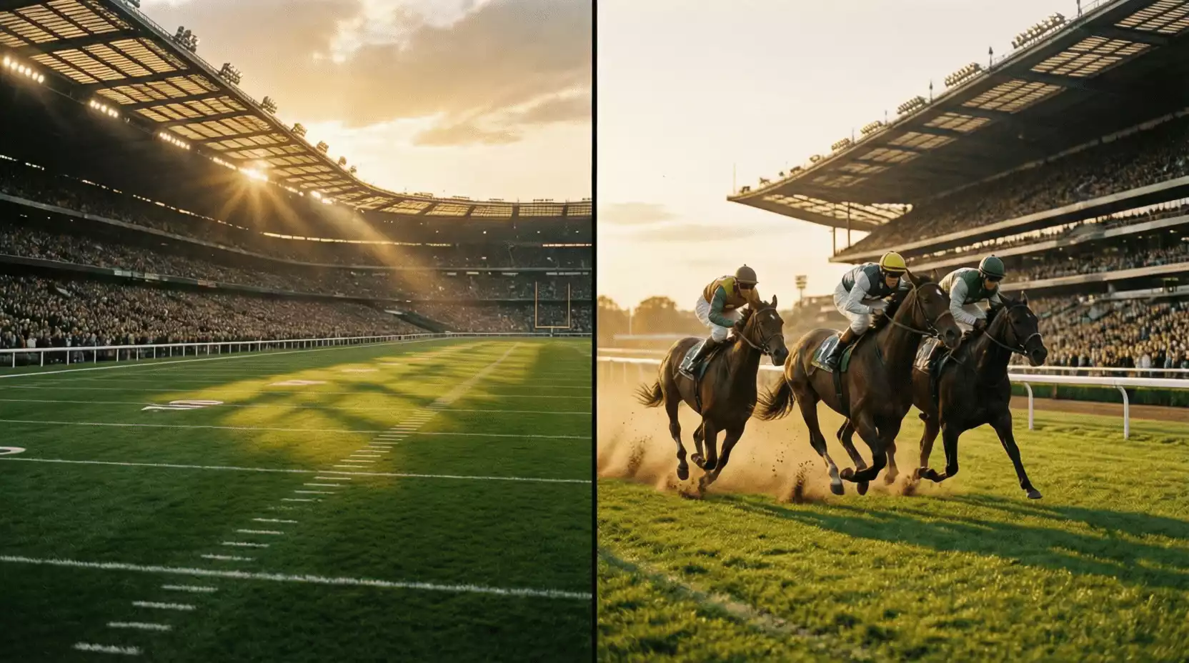 Estadio deportivo dividido mostrando fútbol americano y carreras de caballos
