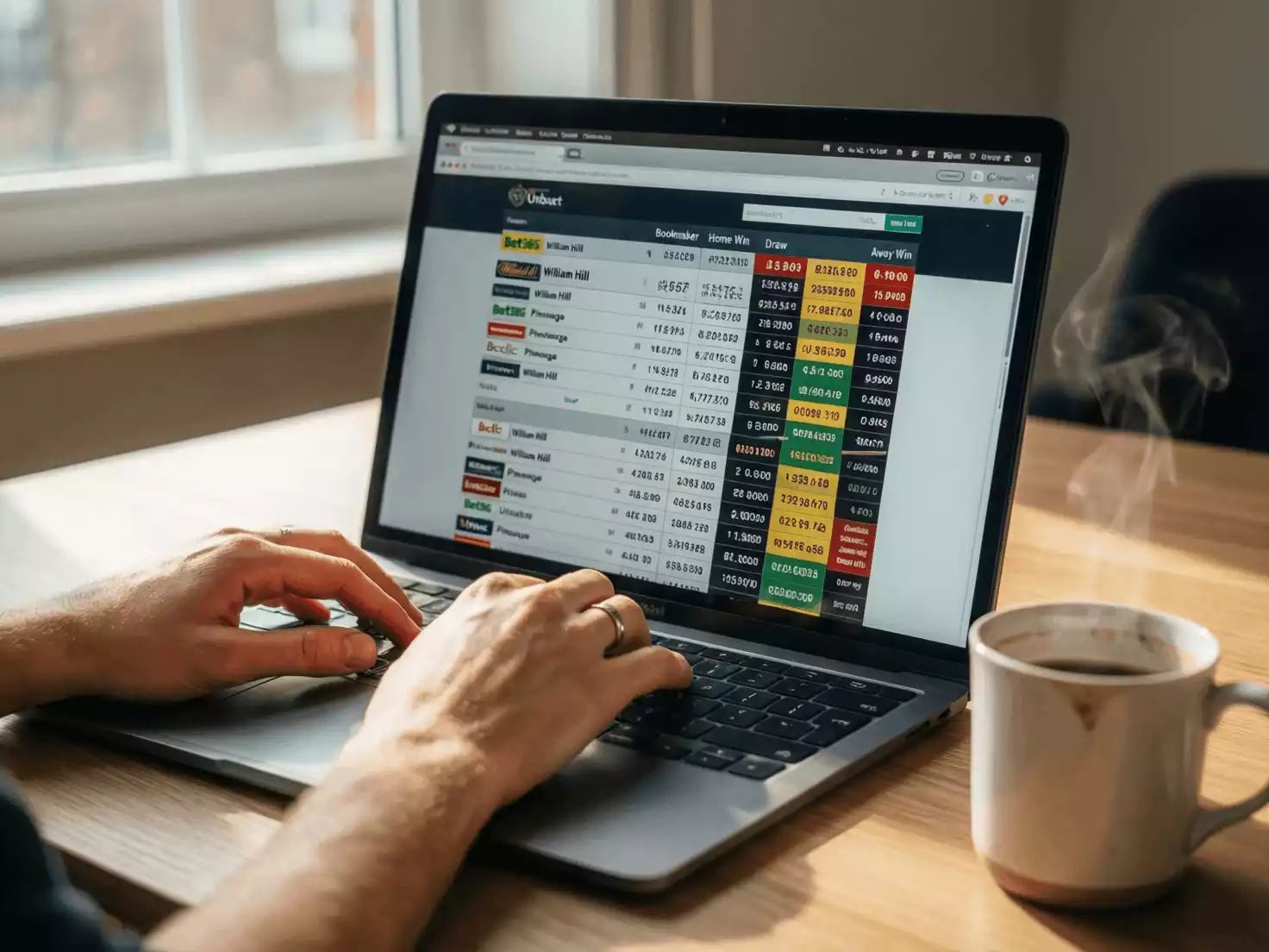 Persona usando un ordenador portátil para comparar cuotas entre diferentes casas de apuestas