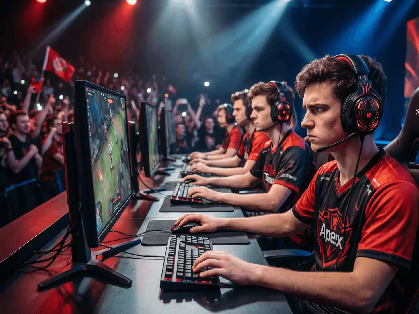 Jugadores profesionales de League of Legends compitiendo en un escenario con público