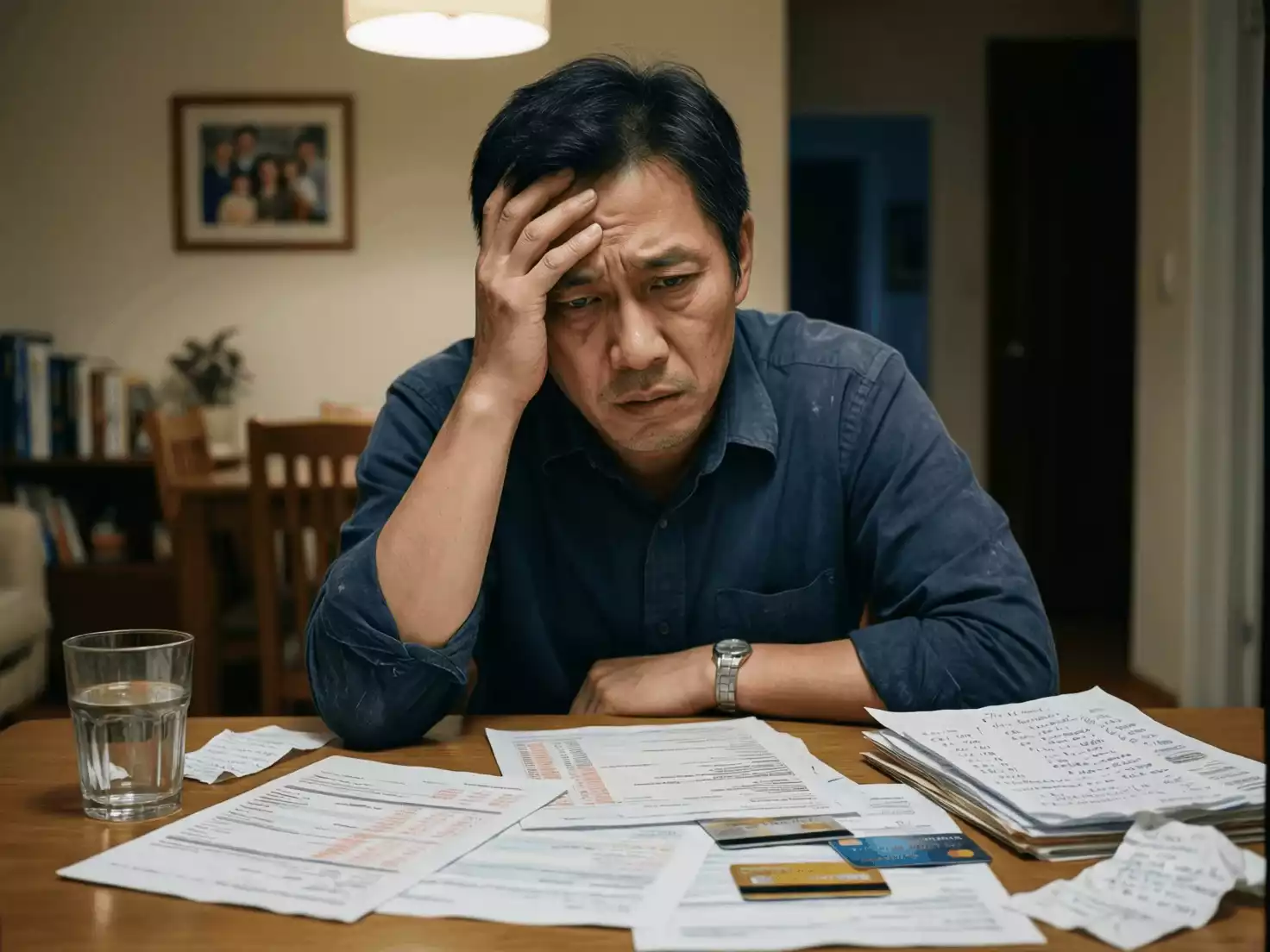 Persona preocupada revisando facturas y documentos financieros