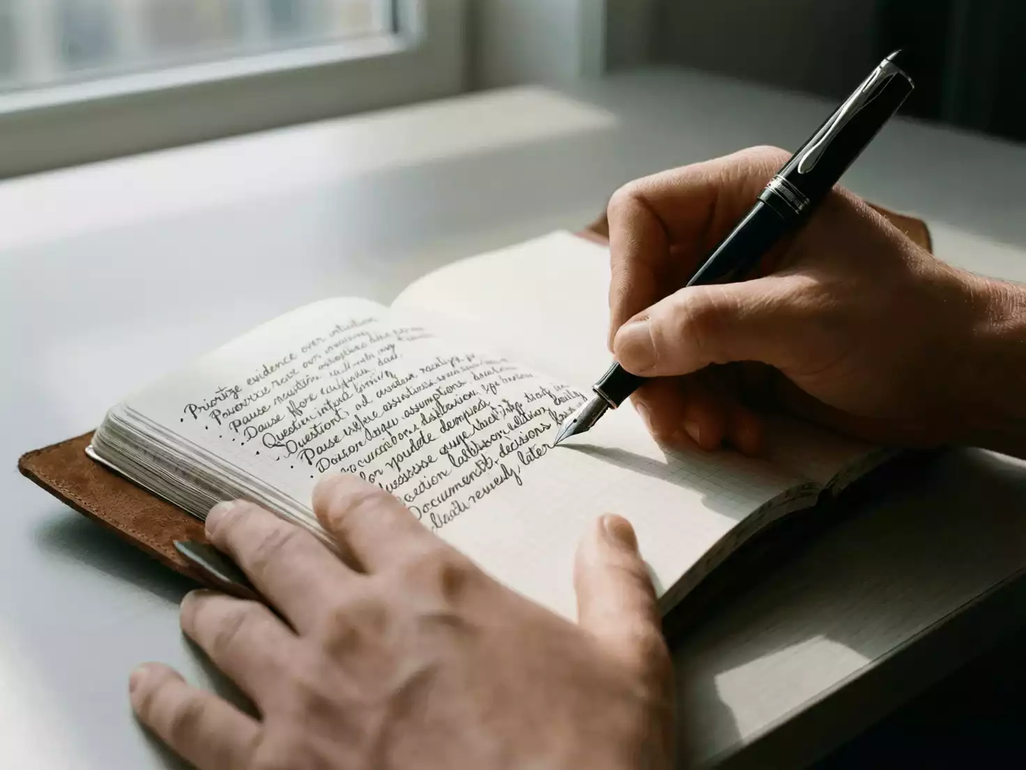 Persona escribiendo reglas y estrategias en un cuaderno