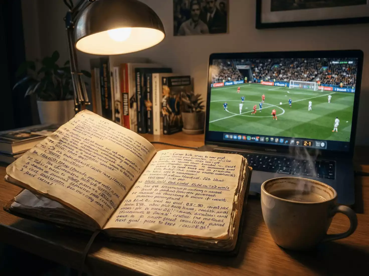 Cuaderno con notas de análisis de partidos junto a una pantalla de televisión