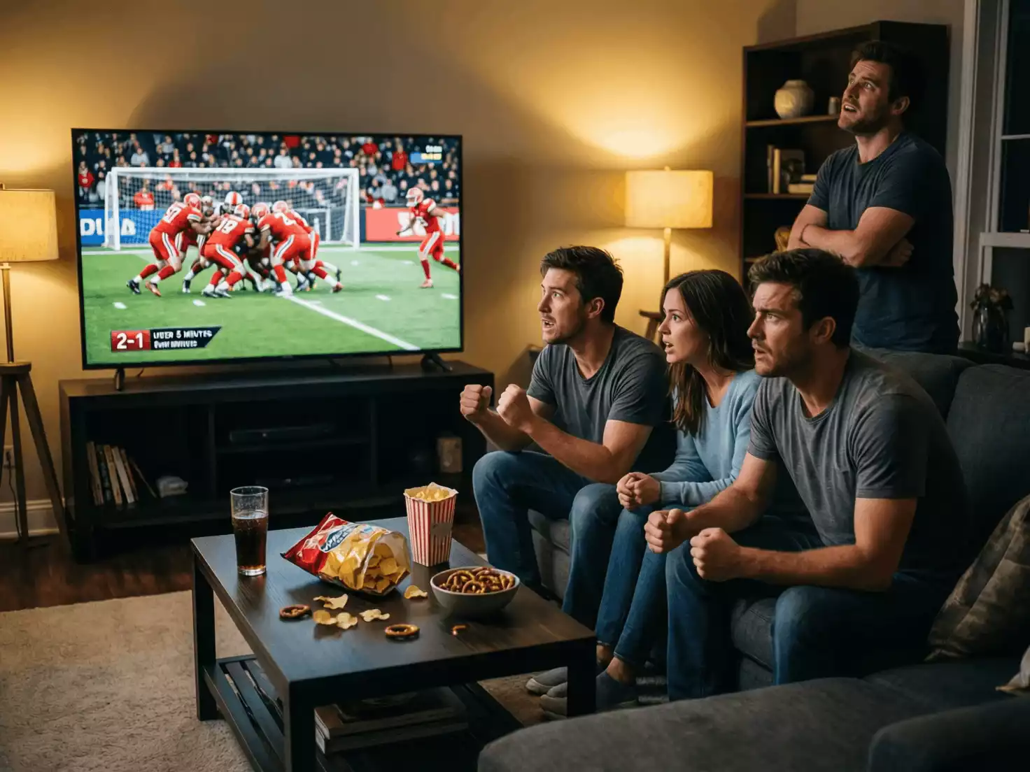 Grupo de amigos viendo deportes juntos con expresiones de emoción