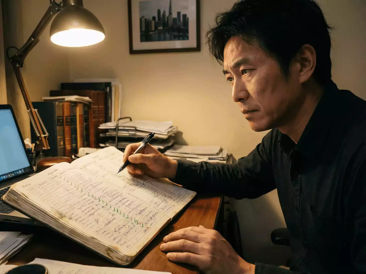 Persona revisando un registro de apuestas en un cuaderno con expresión pensativa