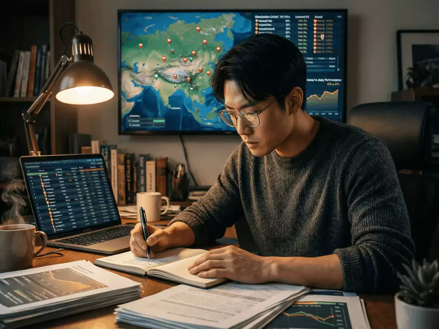 Persona estudiando estadísticas de una liga de fútbol específica con mapas y datos