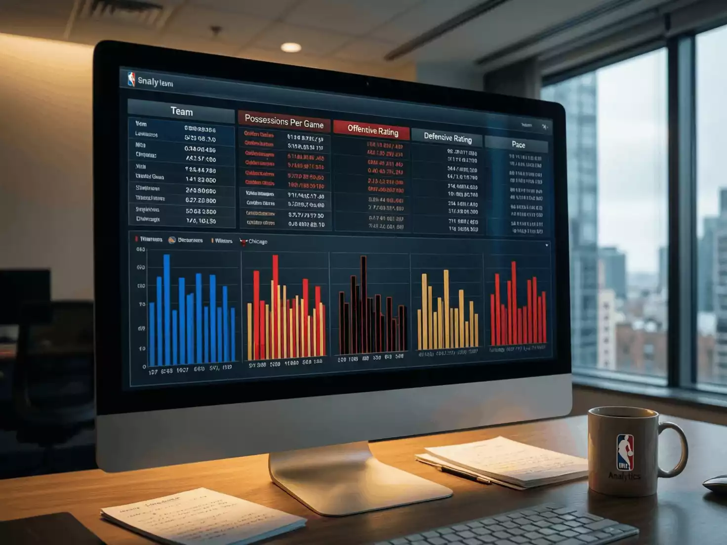 Pantalla mostrando estadísticas de ritmo de juego y posesiones de equipos NBA
