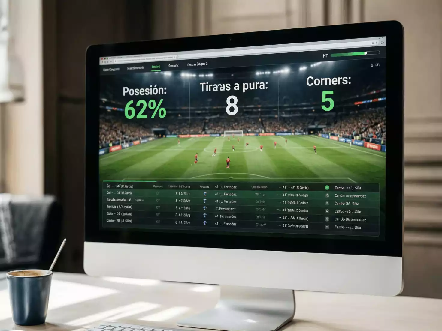 Pantalla mostrando estadísticas en tiempo real de un partido de fútbol