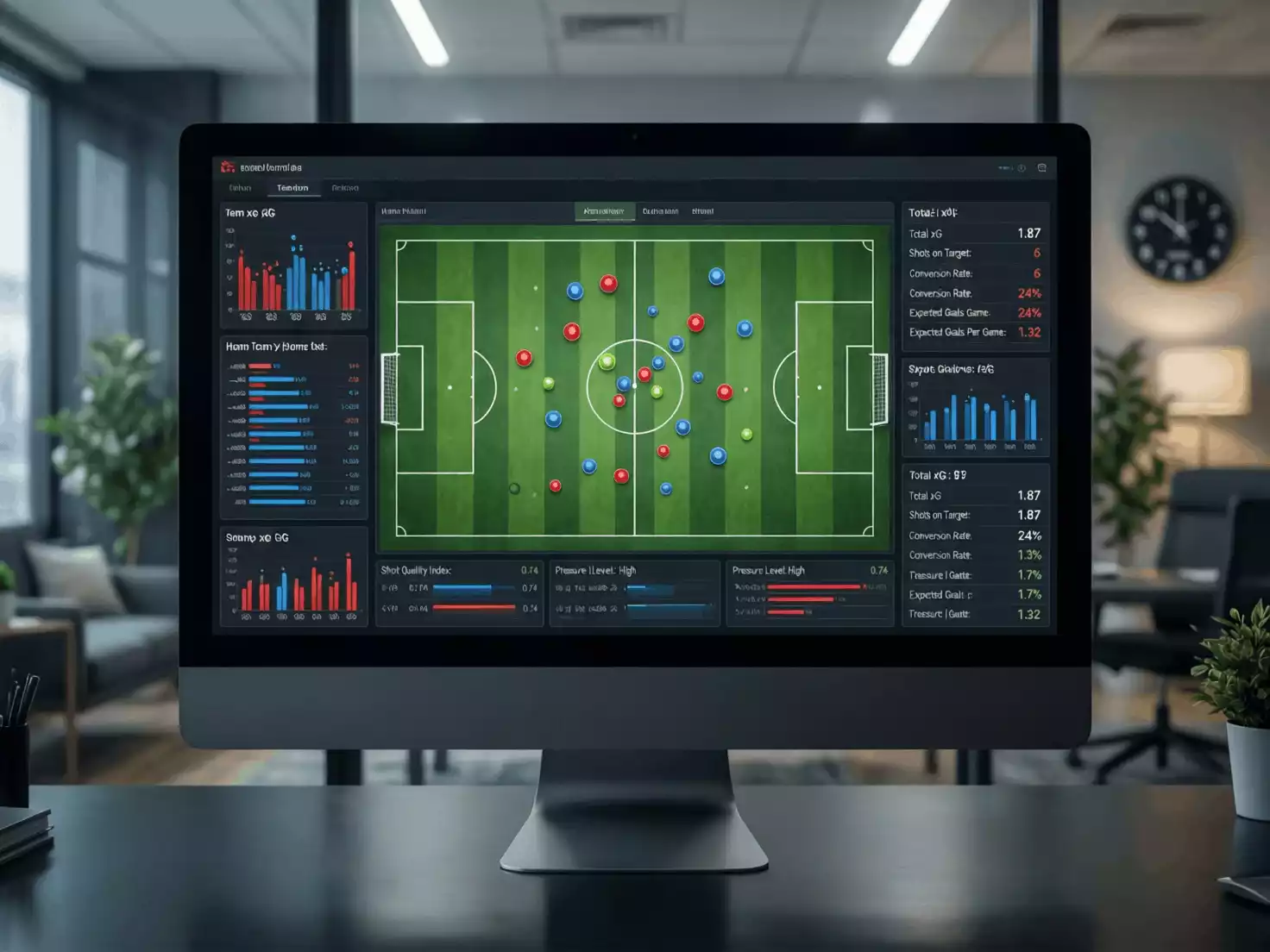 Pantalla de ordenador mostrando análisis de expected goals con mapa de tiros