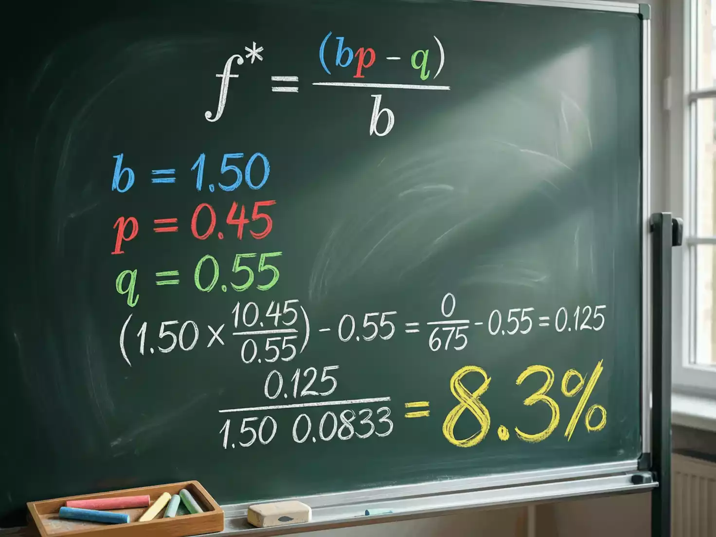 Pizarra mostrando la fórmula de Kelly con ejemplos de cálculo
