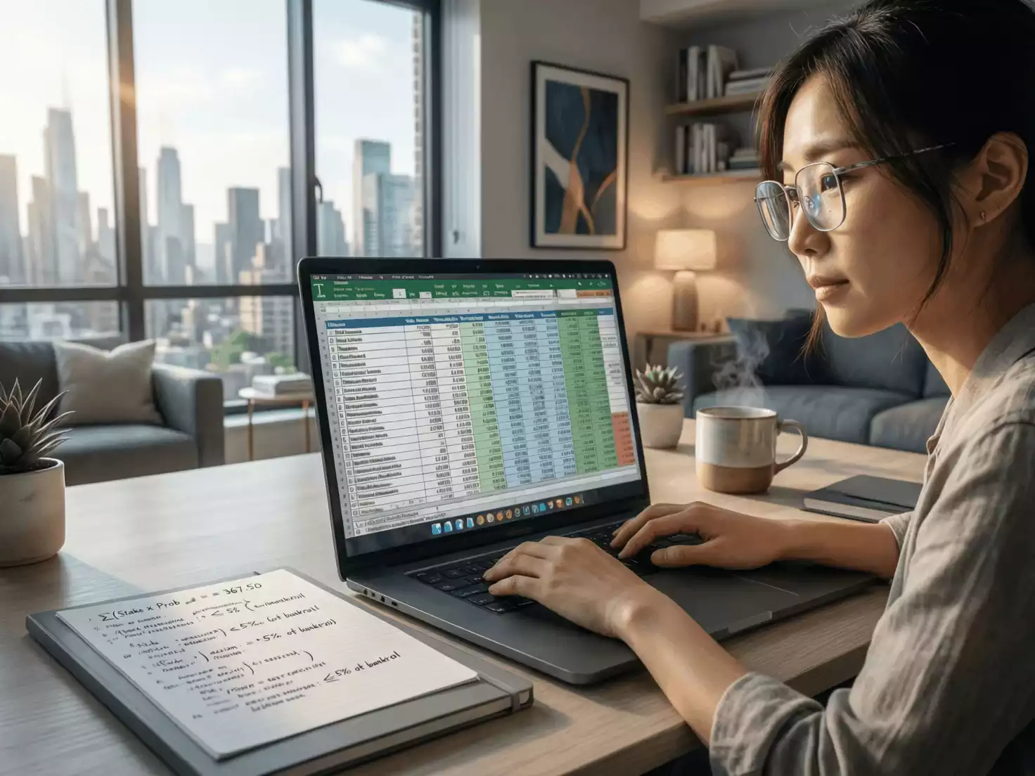 Persona calculando porcentajes de bankroll en una hoja de cálculo