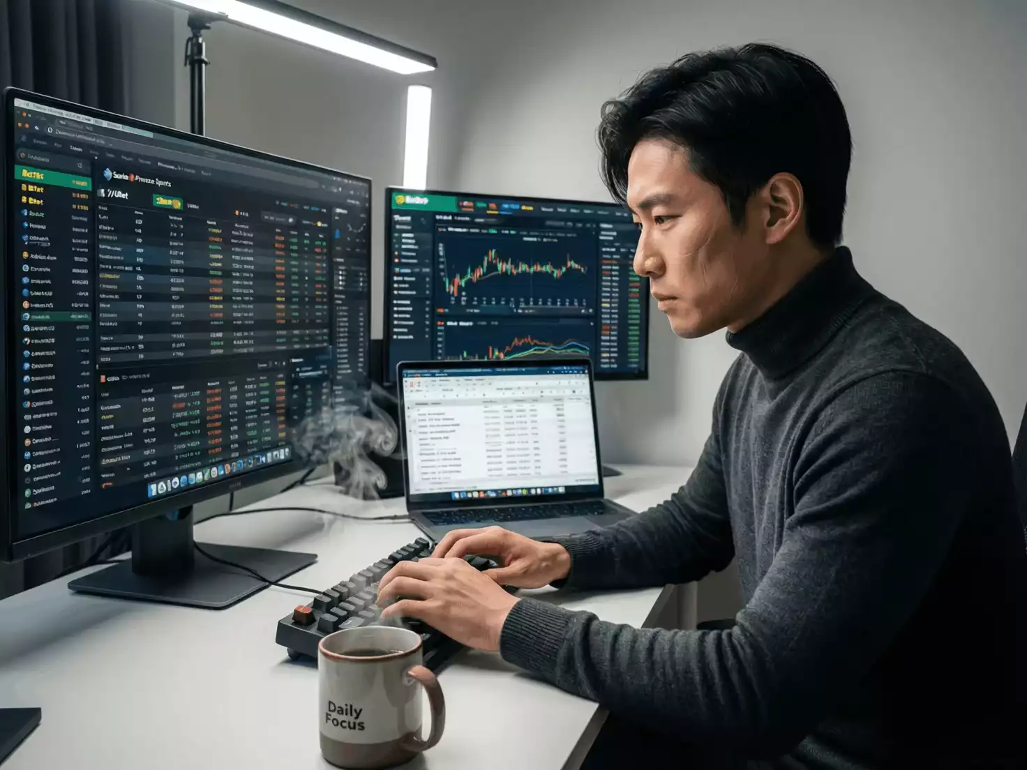 Persona trabajando con múltiples pantallas gestionando cuentas de apuestas