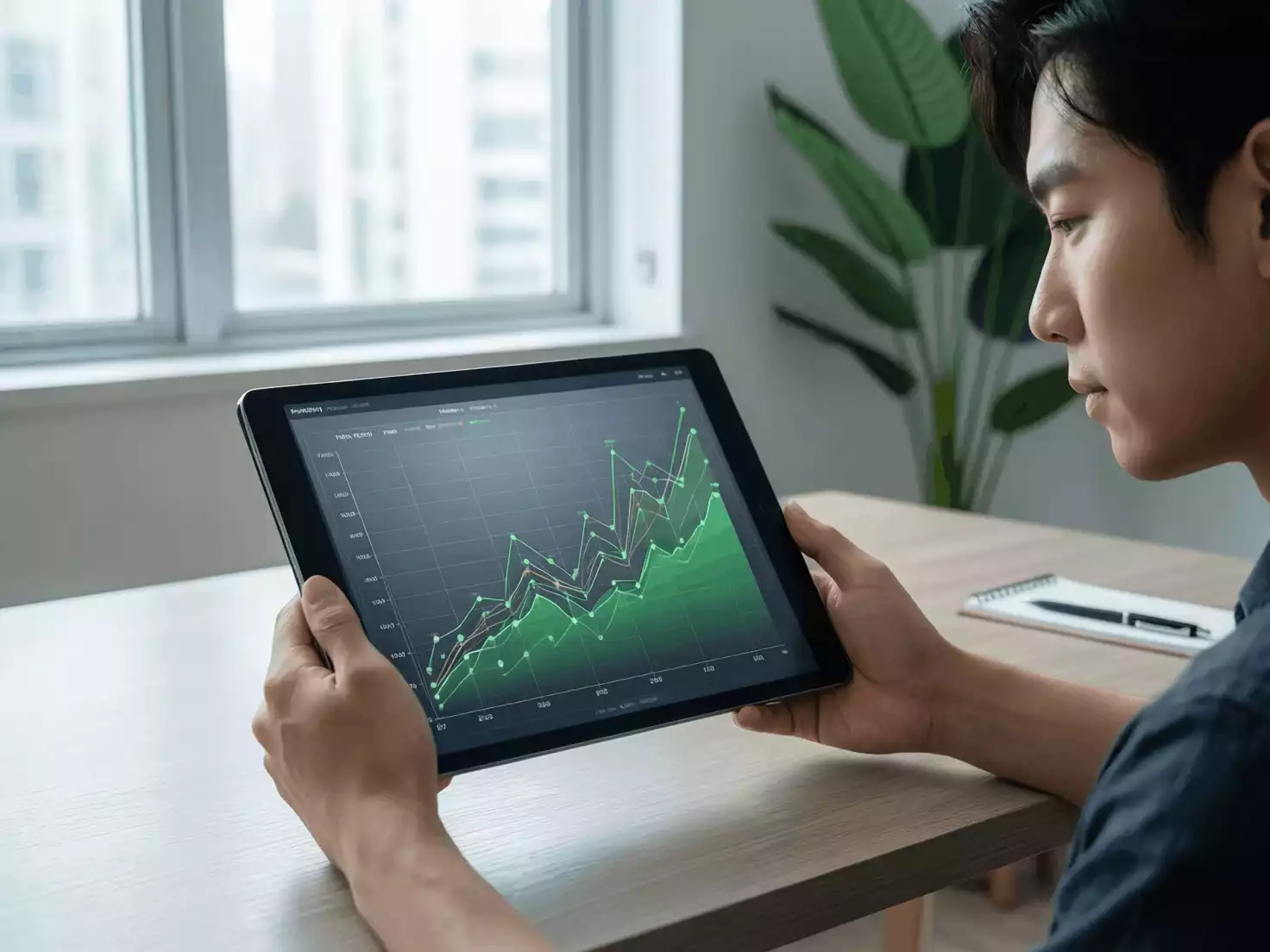 Persona analizando gráficos de rendimiento de apuestas en una tablet