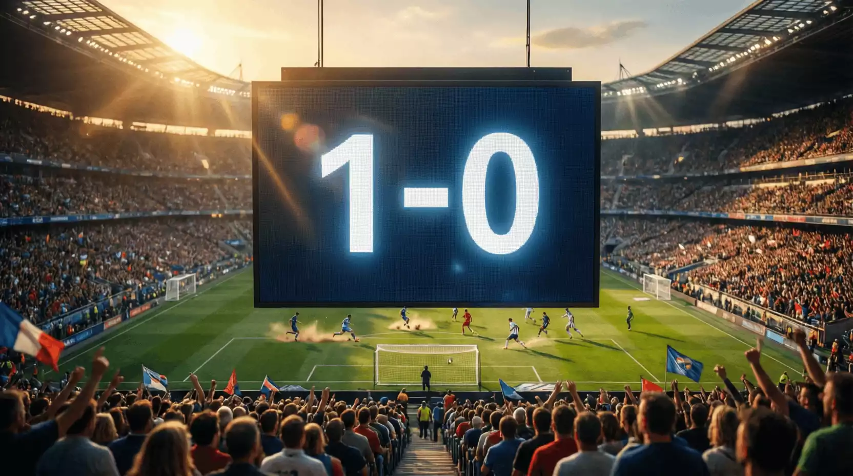 Campo de fútbol visto desde las gradas con marcador electrónico mostrando resultado