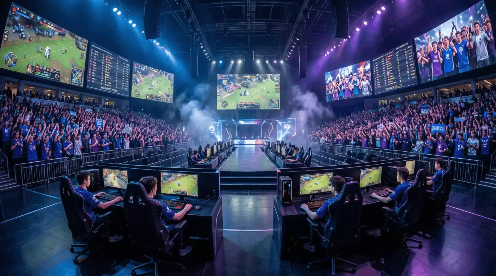 Estadio de eSports con pantallas gigantes mostrando una competición de videojuegos