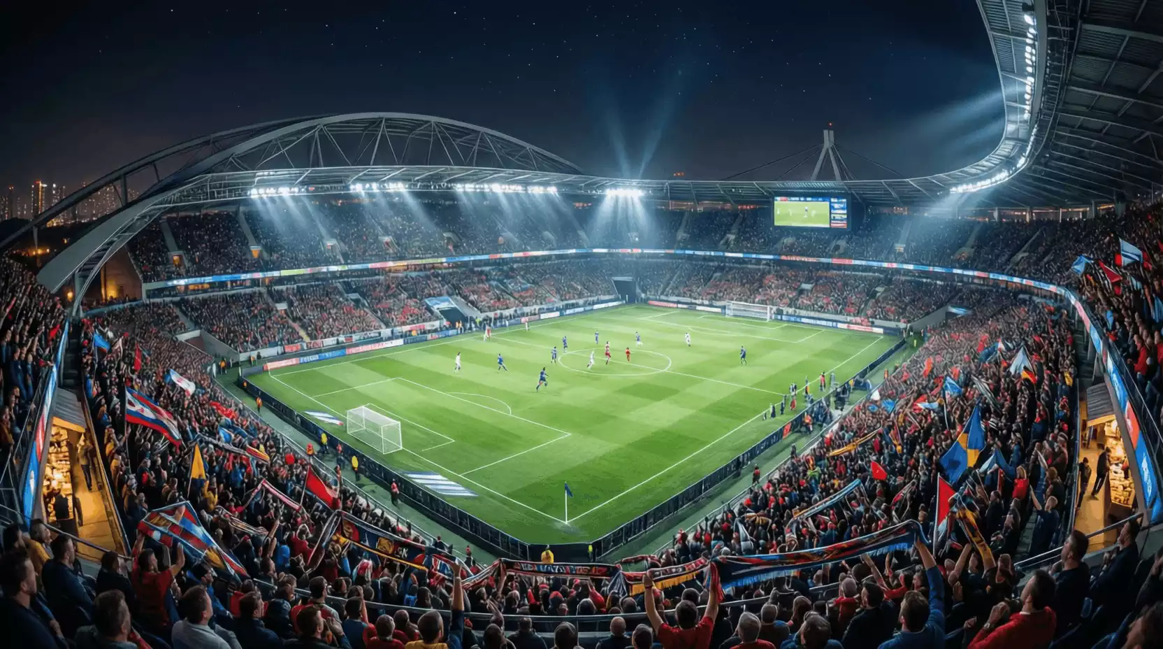 Estadio de fútbol lleno de aficionados durante un partido nocturno con el césped iluminado