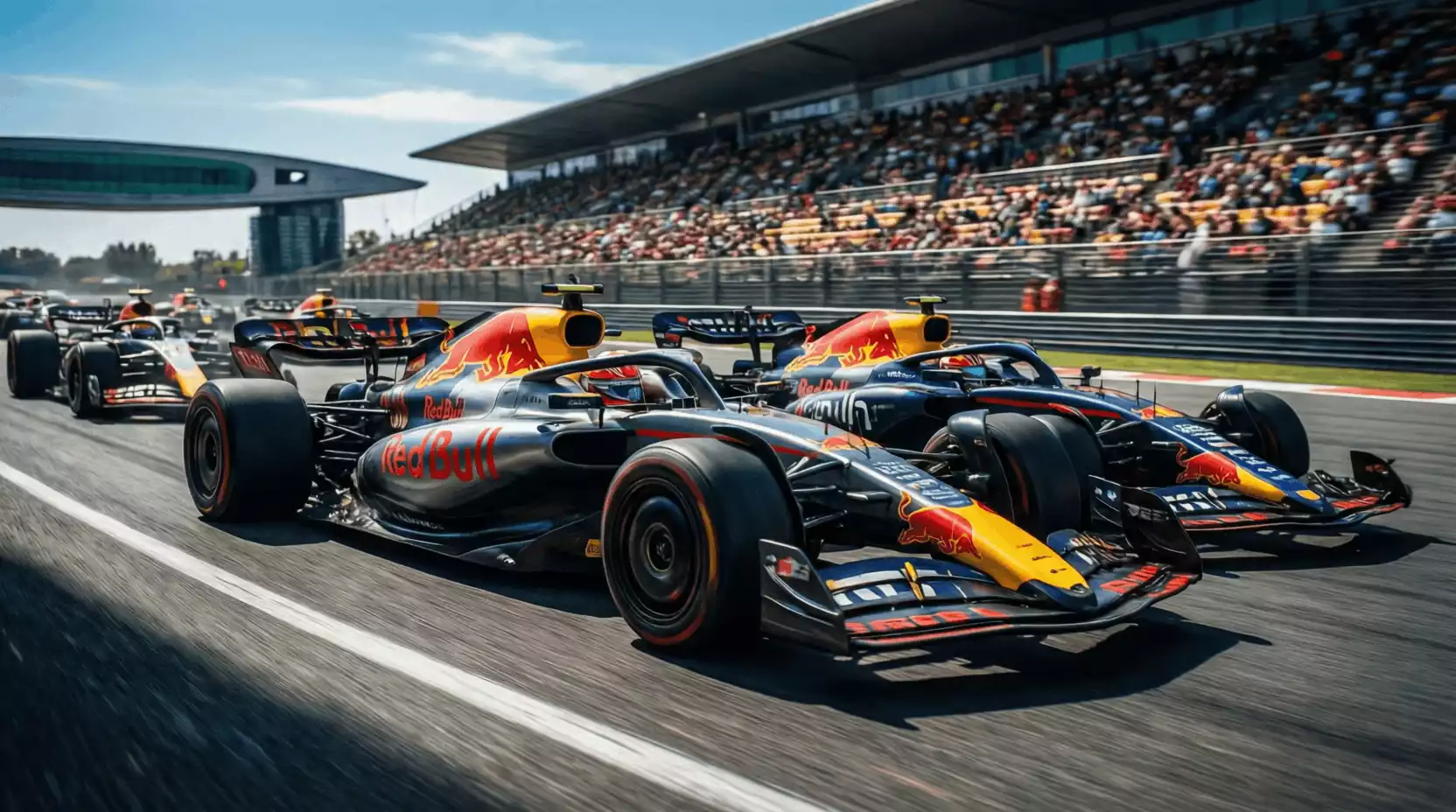 Monoplazas de Fórmula 1 compitiendo en una curva del circuito