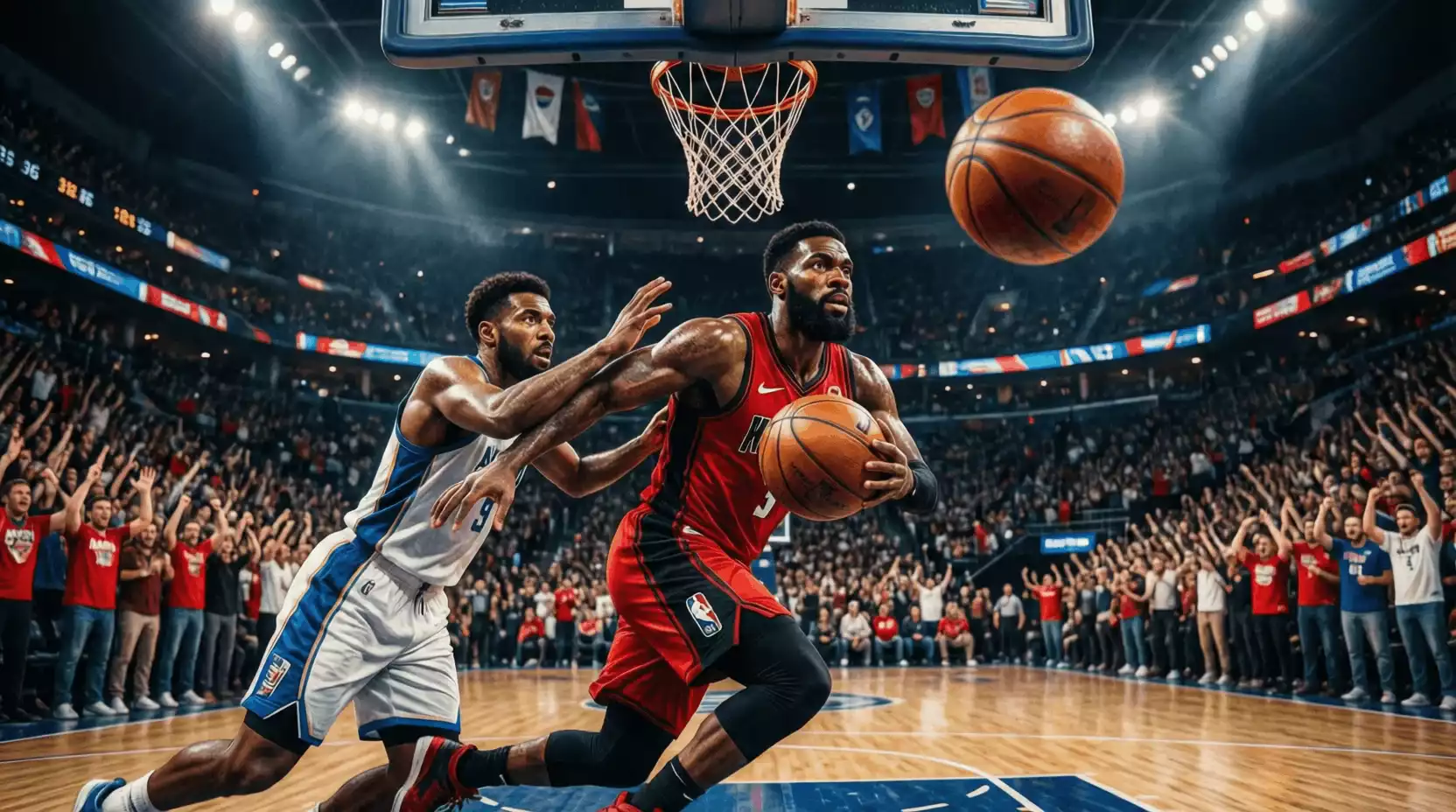 Partido de baloncesto NBA con jugadores en acción y público en las gradas