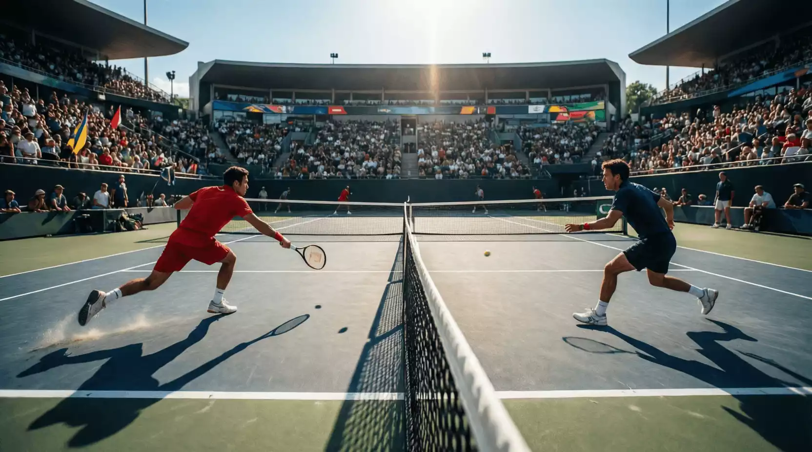 Pista de tenis profesional durante un partido con público en las gradas