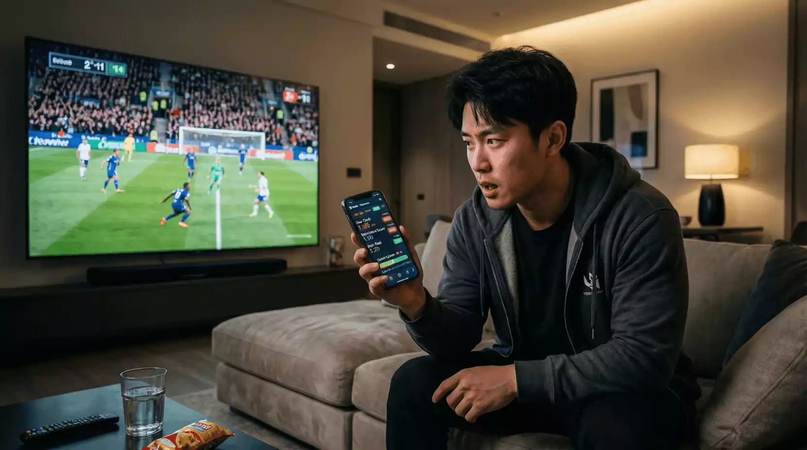 Persona viendo un partido de fútbol en televisión con móvil mostrando cuotas en vivo