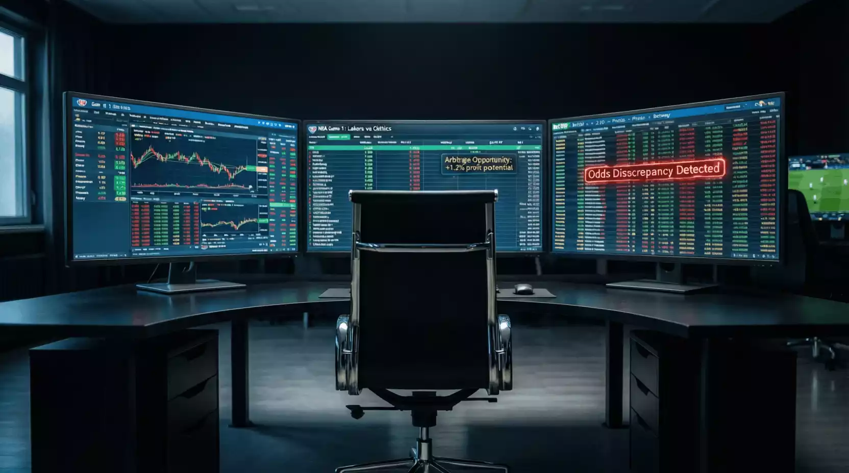 Múltiples pantallas de ordenador mostrando diferentes casas de apuestas con cuotas