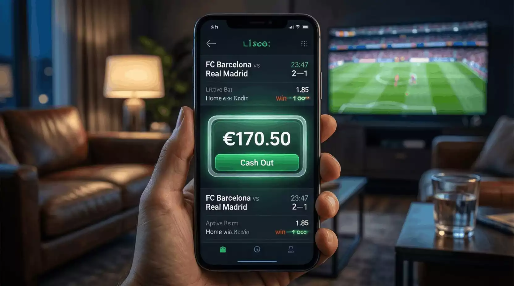 Pantalla de móvil mostrando botón de cash out en una aplicación de apuestas