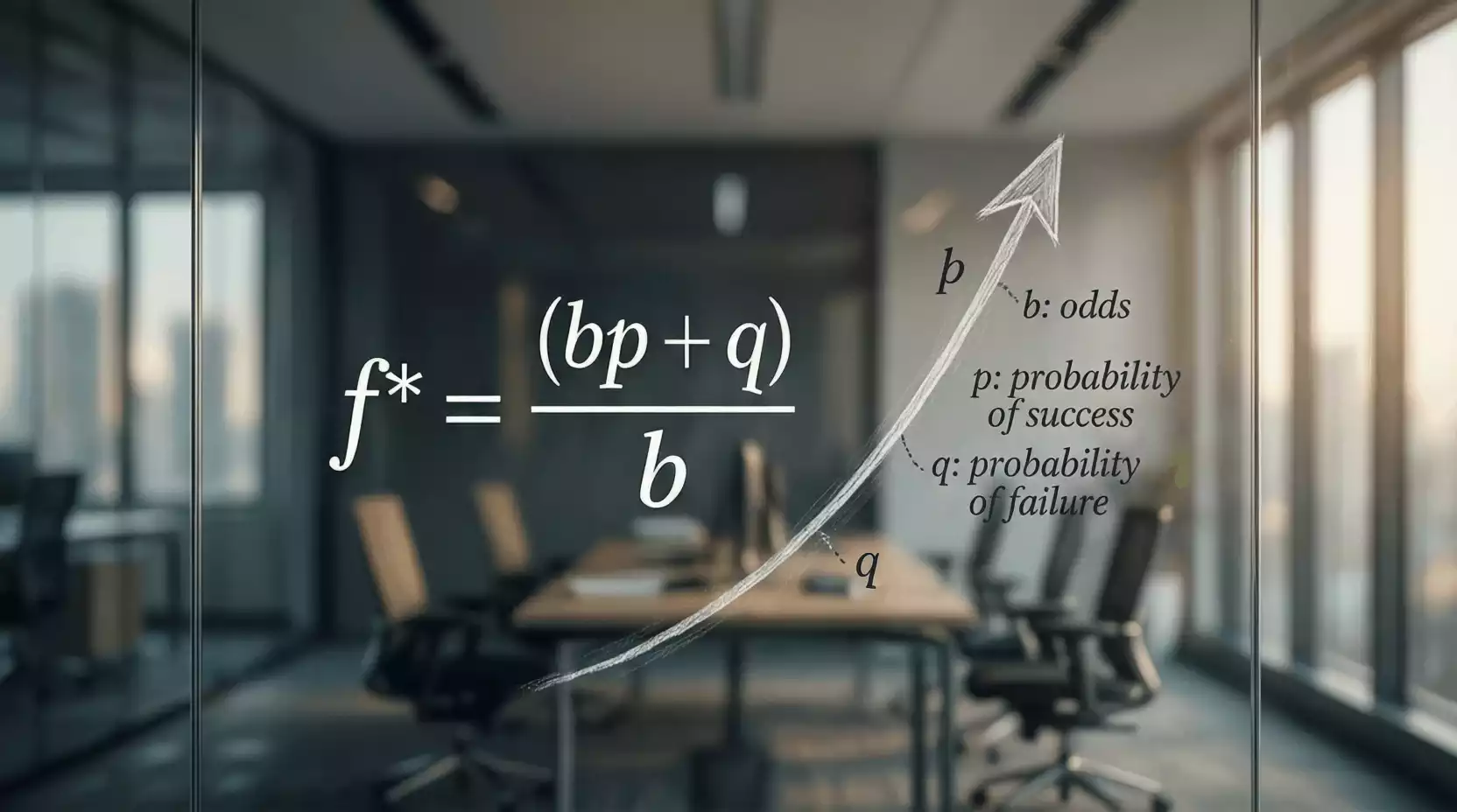 Fórmula matemática de Kelly escrita en una pizarra junto a gráficos de crecimiento