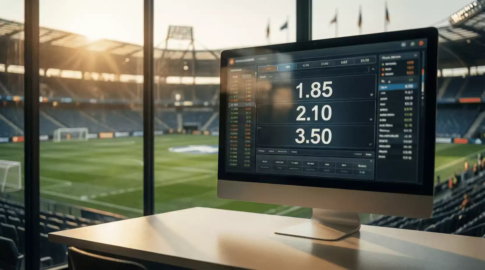 Pantalla de ordenador mostrando cuotas de apuestas deportivas con un estadio de fútbol de fondo