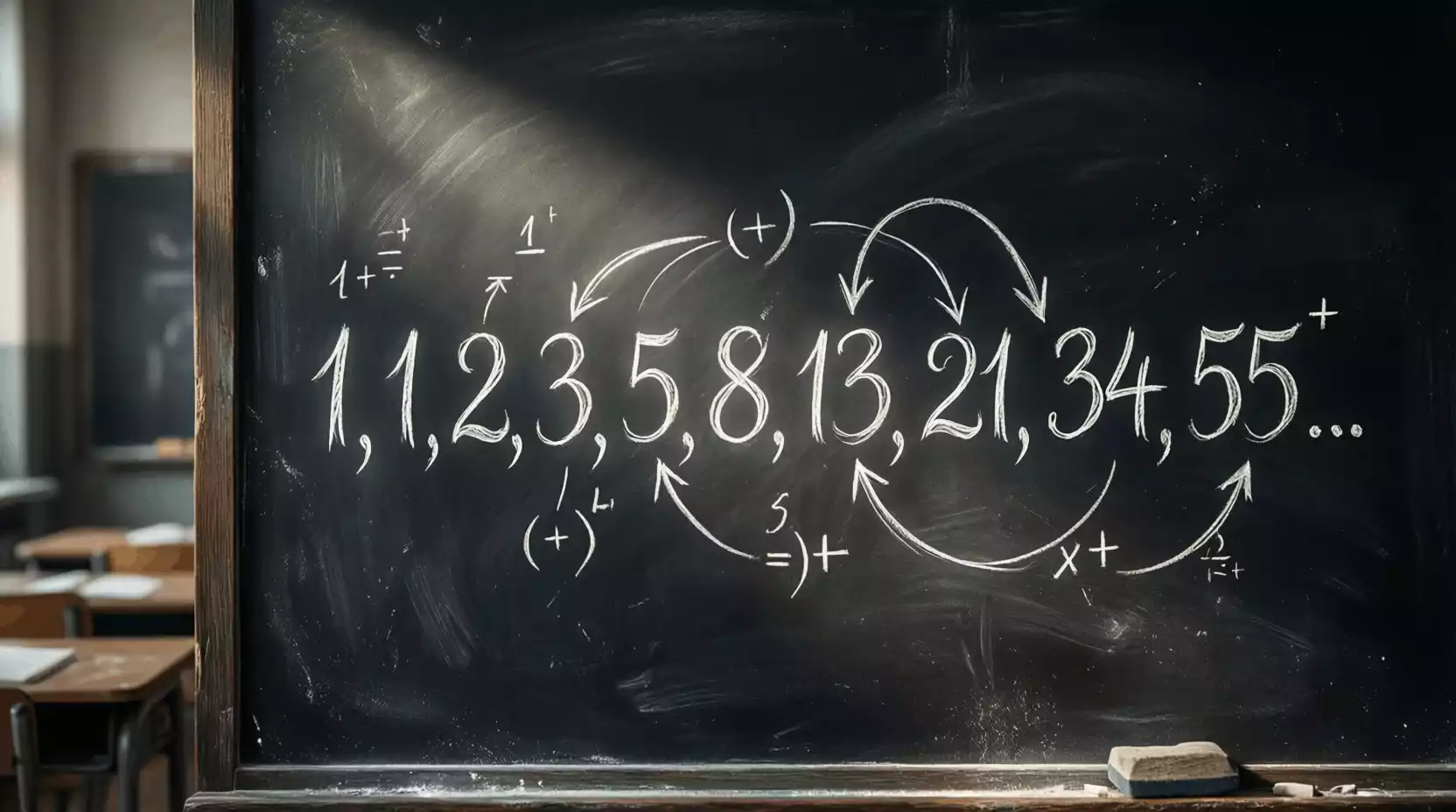 Secuencia numérica de Fibonacci escrita en una pizarra con tiza