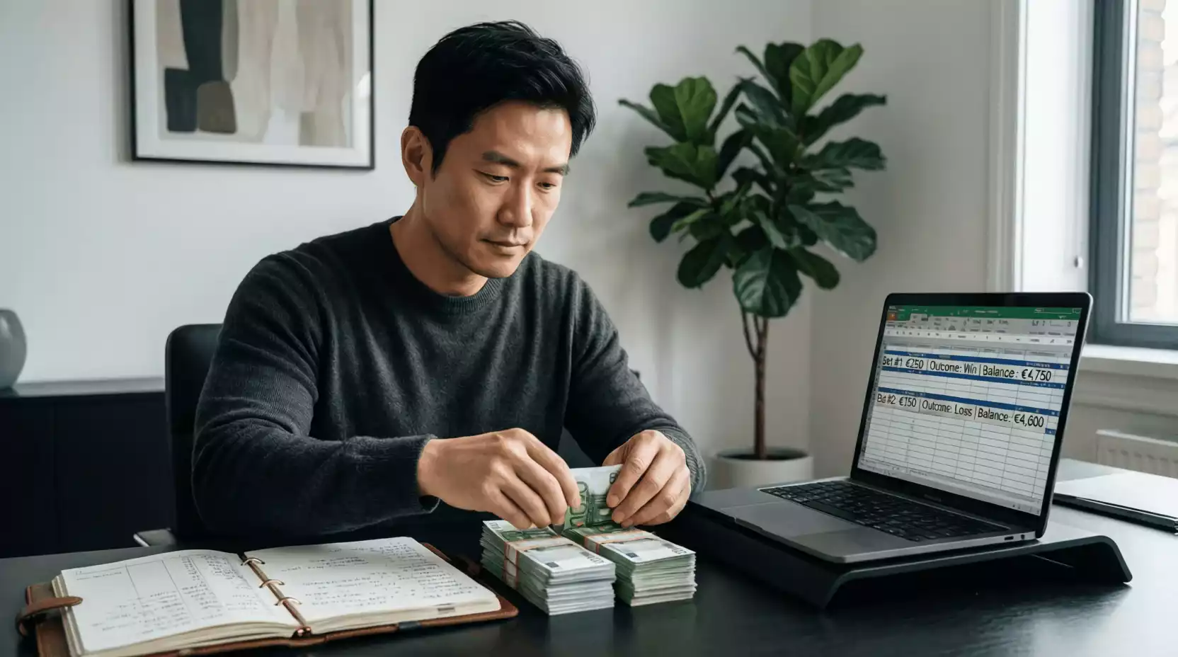 Persona organizando dinero y calculando presupuesto para apuestas