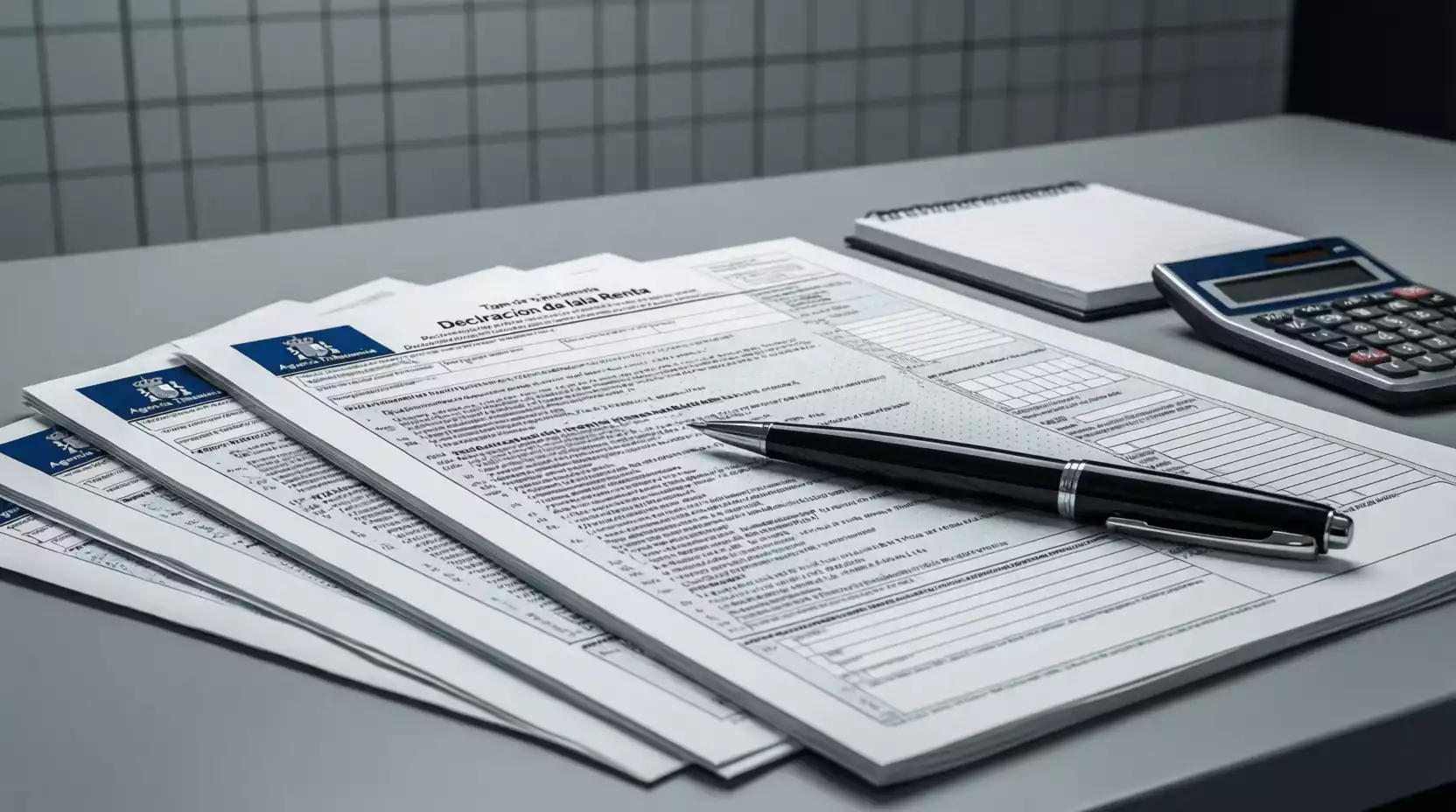 Documentos fiscales y declaración de la renta sobre un escritorio