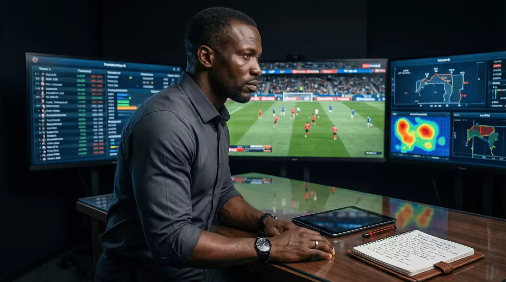 Analista observando múltiples pantallas con partidos de fútbol en directo