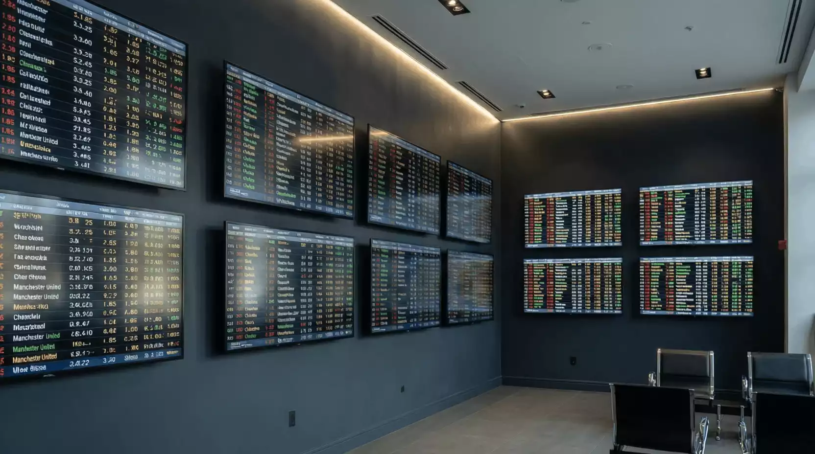 Interior de una casa de apuestas moderna con pantallas mostrando cuotas deportivas