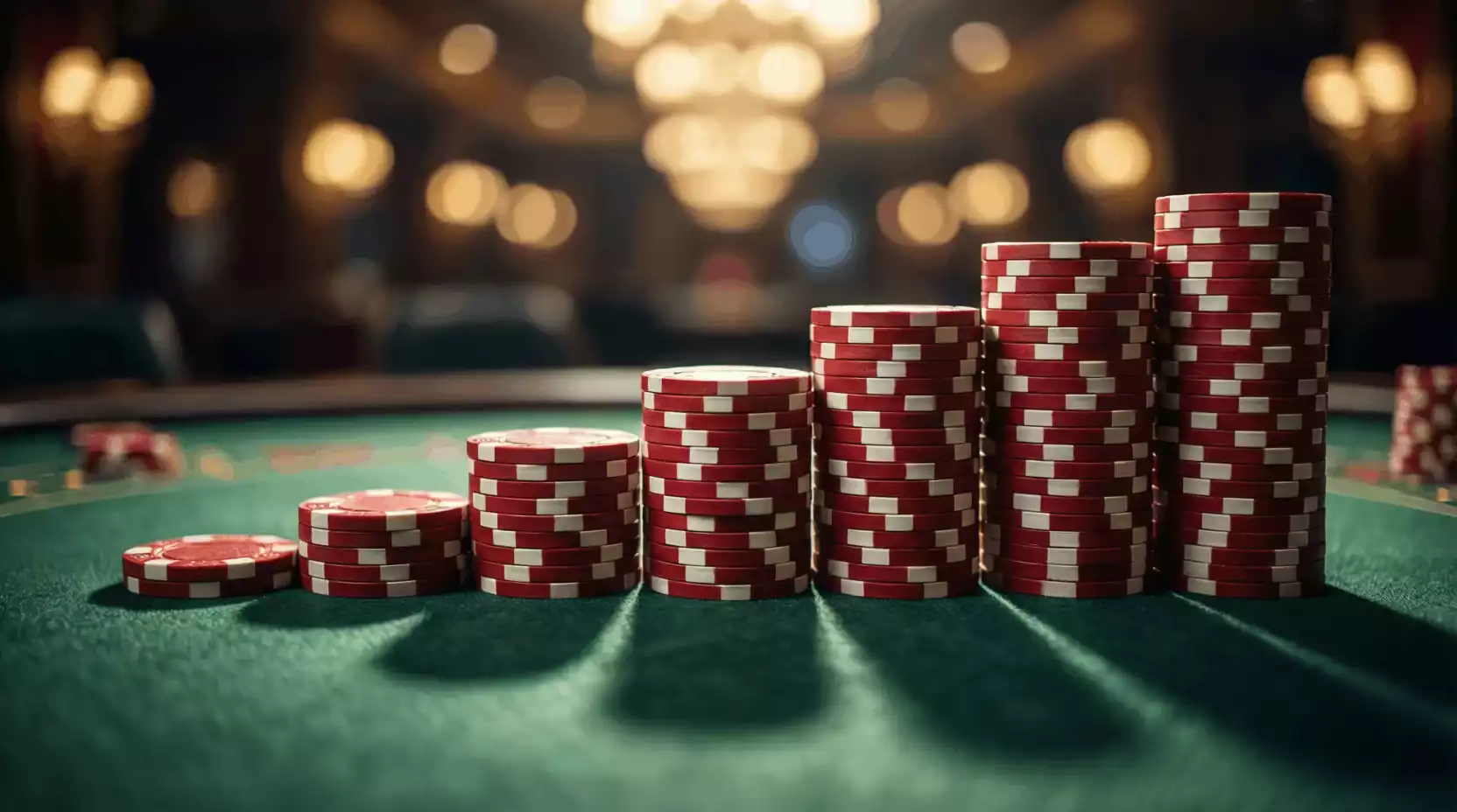 Fichas de apuestas apiladas en progresión ascendente representando el sistema Martingala