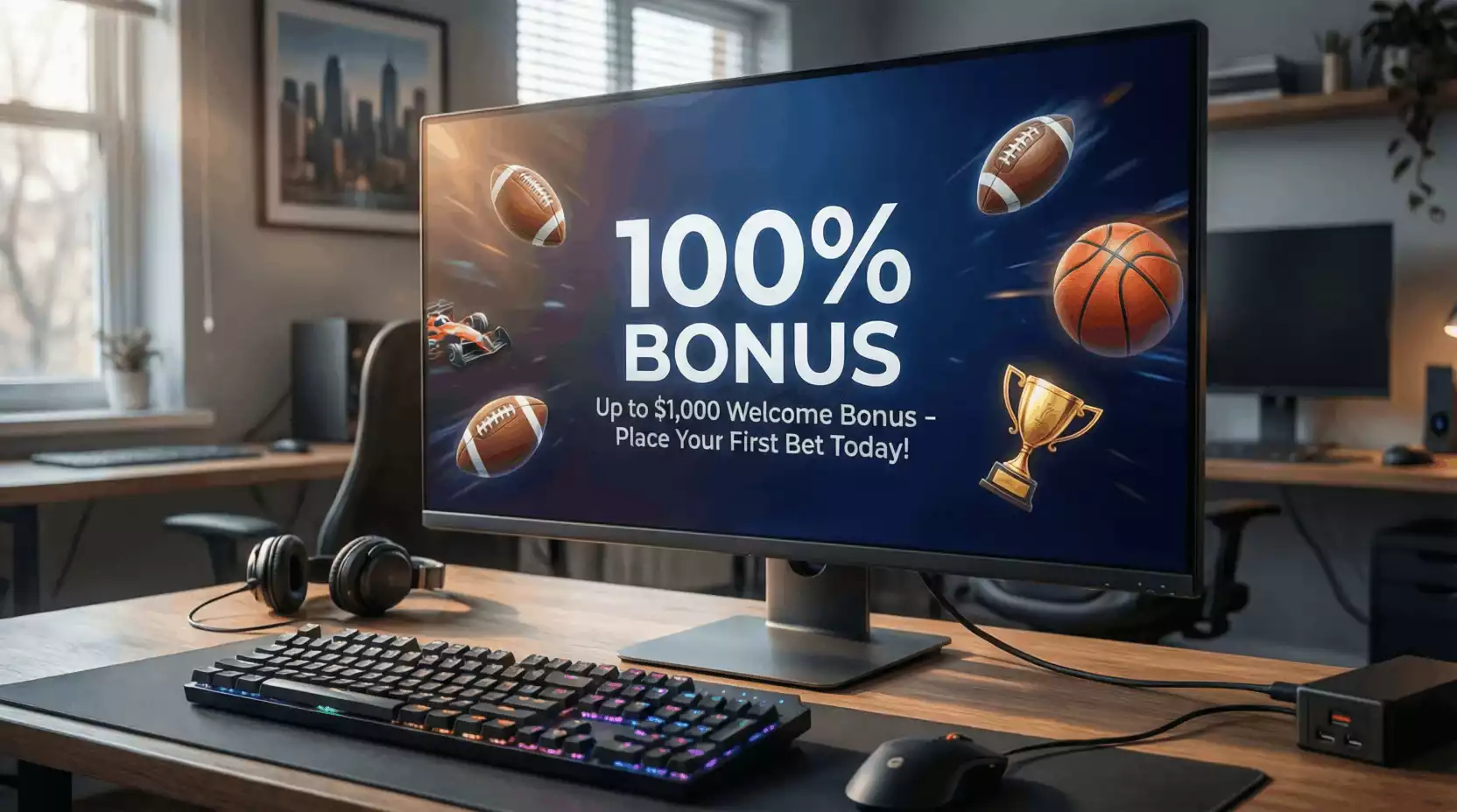 Pantalla de ordenador mostrando un bono de bienvenida de casa de apuestas