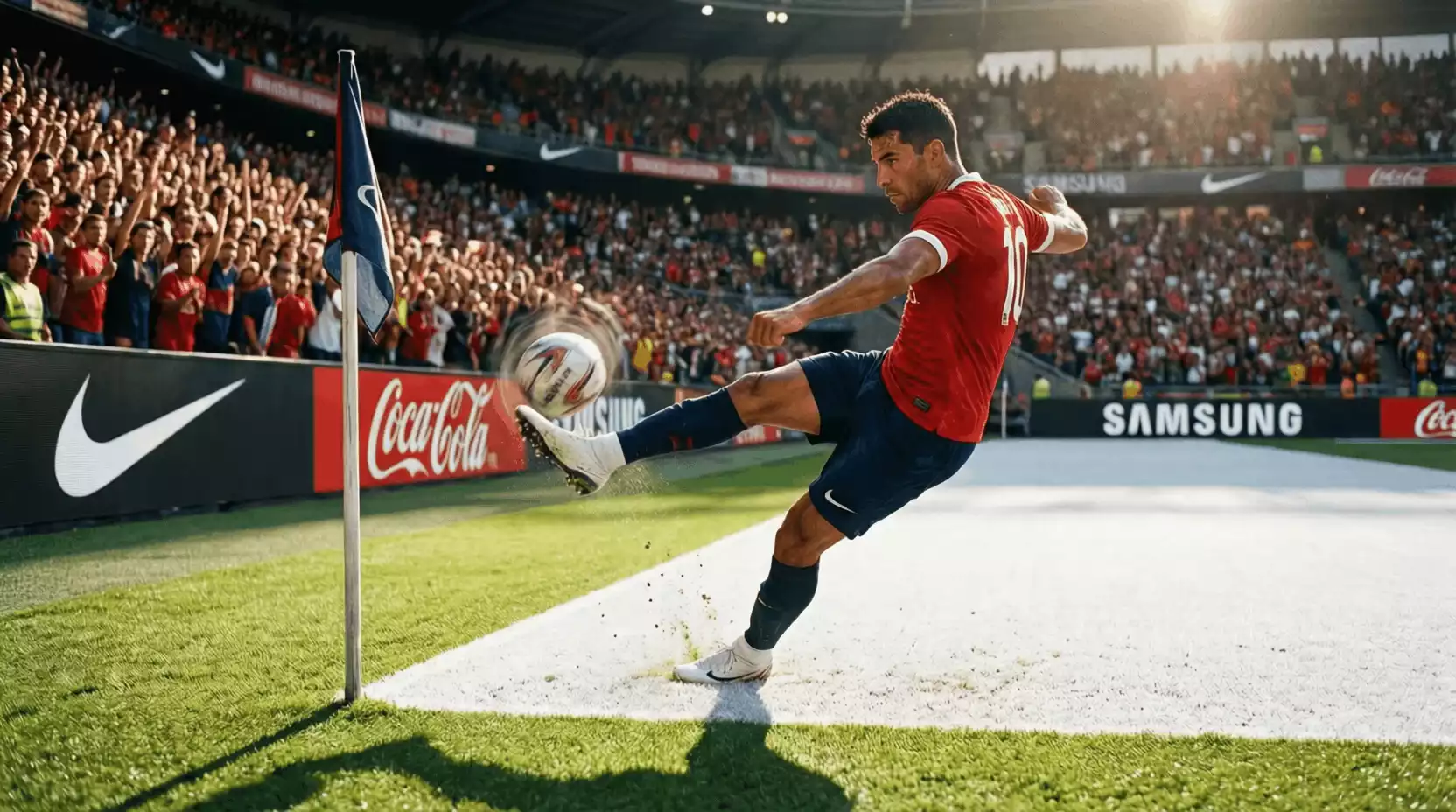 Jugador de fútbol sacando un córner en un estadio lleno de aficionados