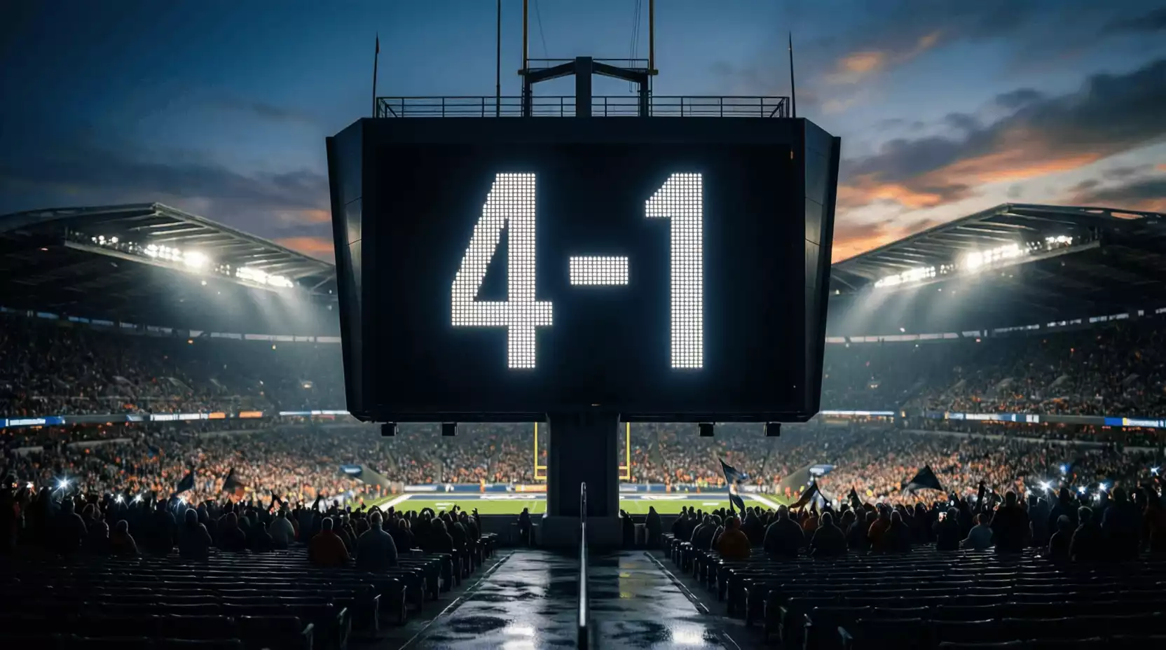 Marcador de estadio de fútbol mostrando un resultado con varios goles