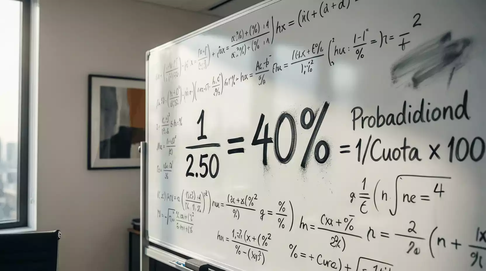 Pizarra con fórmulas matemáticas y porcentajes relacionados con apuestas deportivas