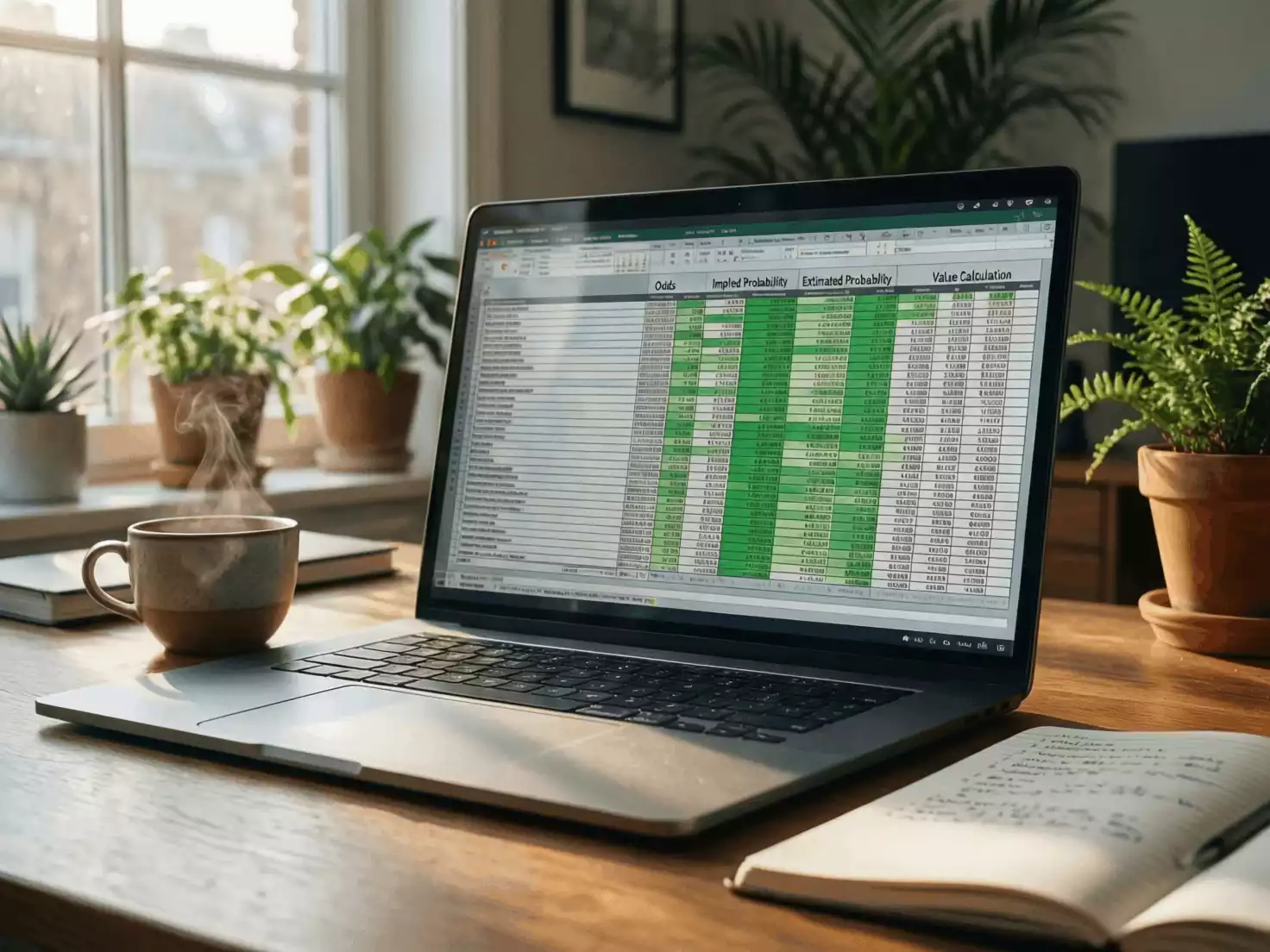 Pantalla de ordenador mostrando una hoja de cálculo con análisis de cuotas y probabilidades