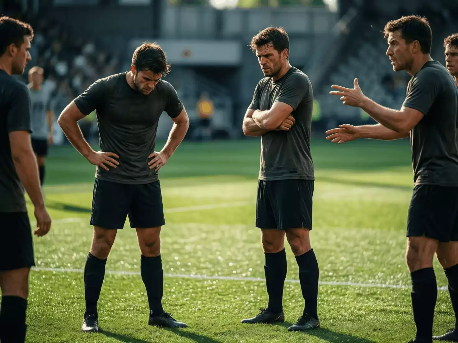 Jugadores de fútbol mostrando frustración durante un partido