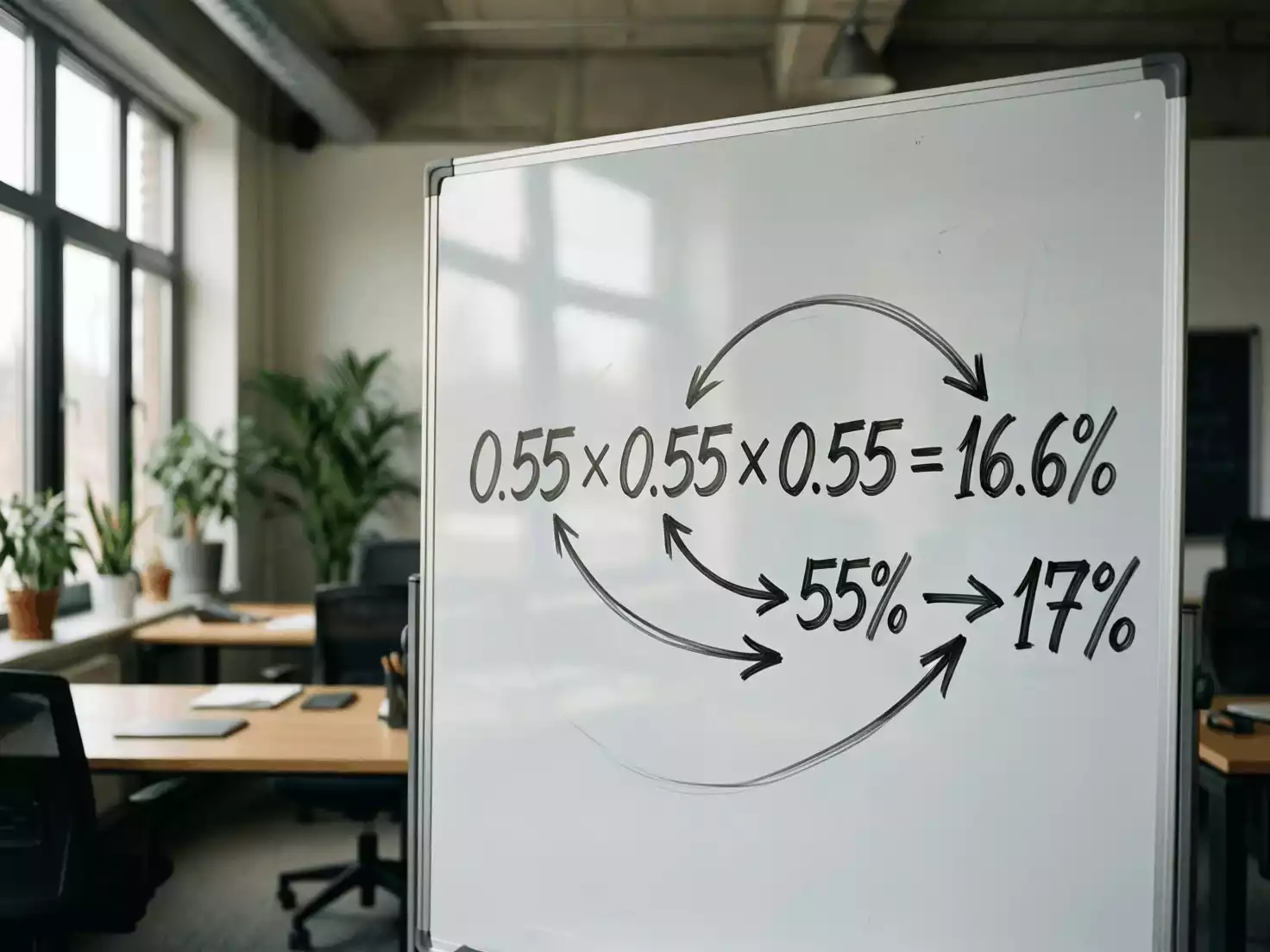 Pizarra con fórmulas matemáticas de multiplicación de probabilidades