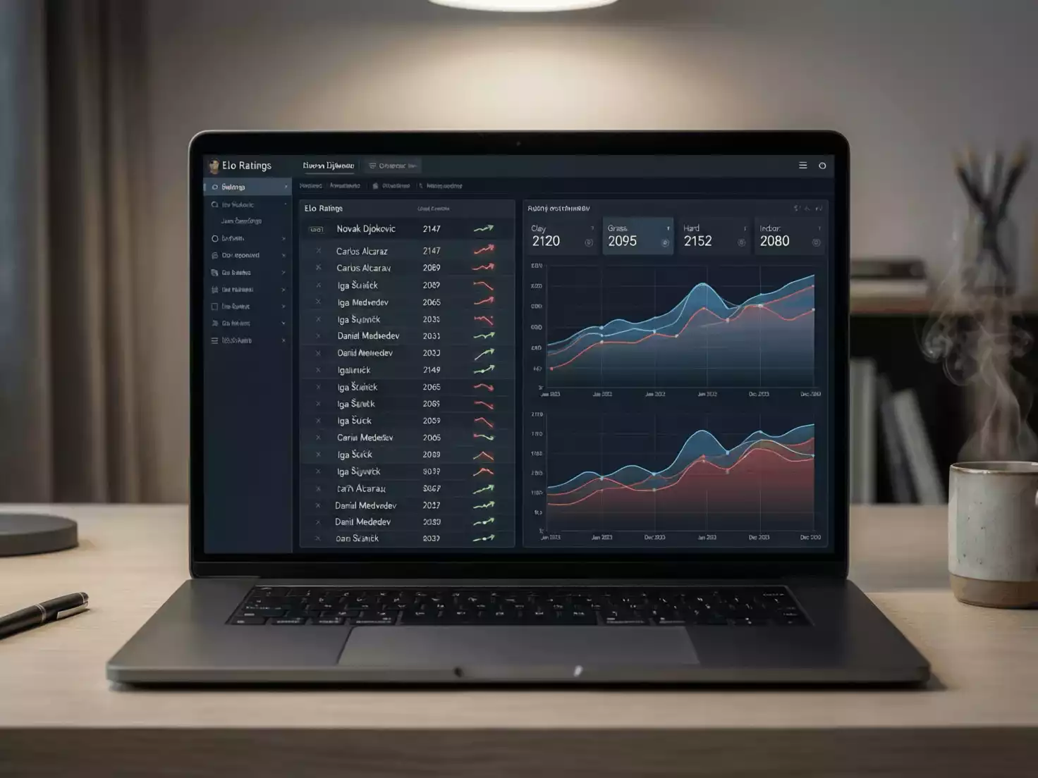 Pantalla mostrando rankings Elo de jugadores de tenis con gráficos de rendimiento